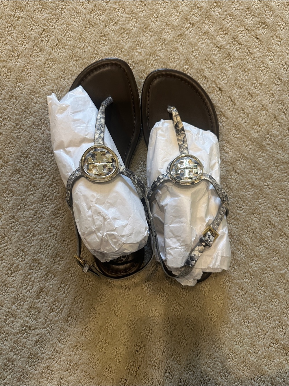 Tory Burch Metallic Snake-Print Logo Thong Sandals in Brown and Silver